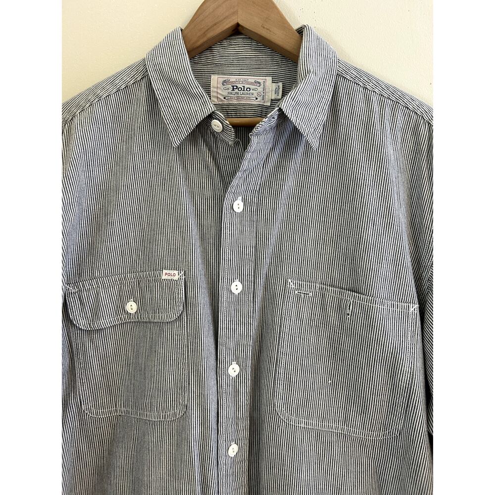 Vintage 90s Polo Ralph Lauren Striped Chambray Workwear Button-up Men's XL - Picture 7 of 10